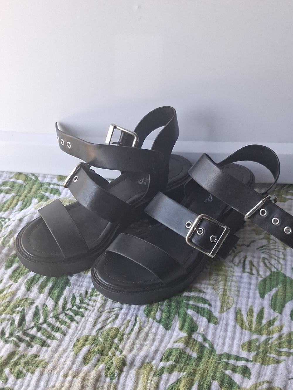 Soda Black Strappy Platform Sandals with Silver Logo
